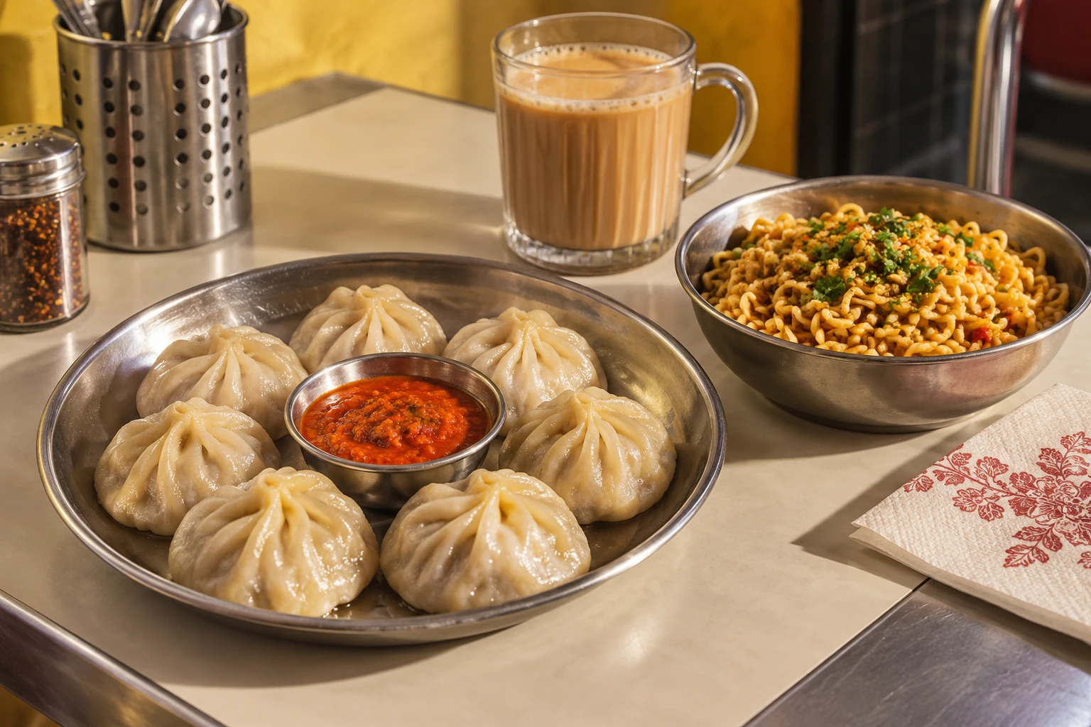 Illustrative Nepali cafe still life with momos, achar, noodles and milk tea; not an exact Taste of Nepal serving photograph.